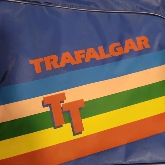 Trafalgar Backpack Shoulder Bag Vintage 80's Rainbow Blue Travel Bag w Small Bag - Picture 2 of 9